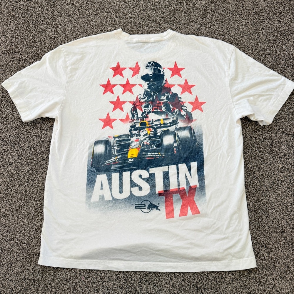 F1 Cota Redbull Racing Max Verstappen Men's Large White T-shirt Hollister Boxy - Picture 1 of 6